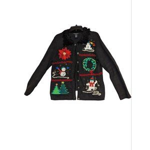 Reference Point Christmas sweater womens medium black knit ramie cotton